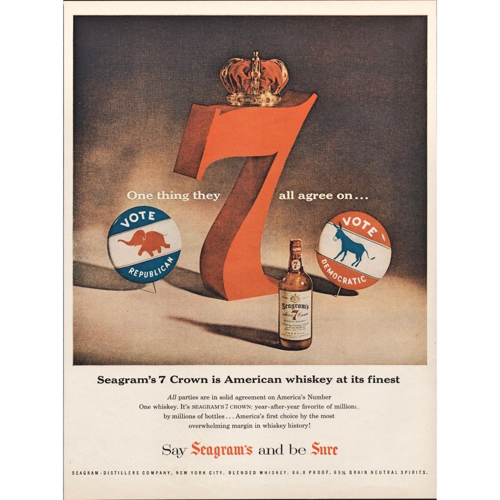 1956 Seagram's 7 Crown Whiskey Vintage Print Ad Democrat Republic Politics Art